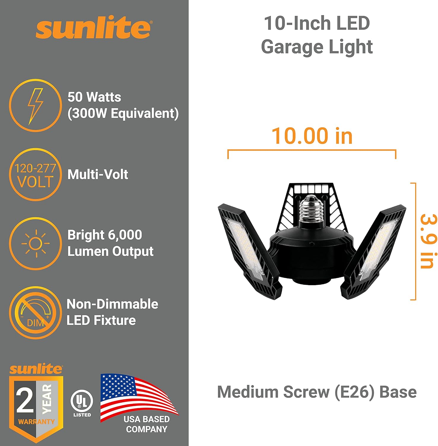 Sunlite 81249 LED Garage Light, 50 Watts (300W Equivalent), 6000 Lumens, 5000K Daylight, E26 Medium Base, UL Listed, 120-277V, Black, for Garage, Attic, Basement & Workshops