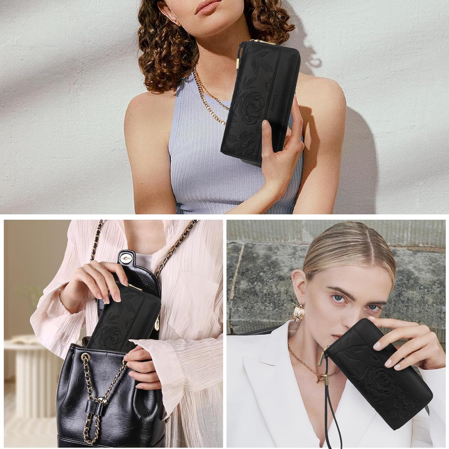Leather Womens Wallet with Embossed Flowers,RFID Blocking Long Wallet For Women Large Capacity Wristlet With Card Holder Zip Coin Pocket(black) | Embossed Flowers, RFID Blocking, Large Capacity, Wristlet, Real Leather, Card Holder - Image 8