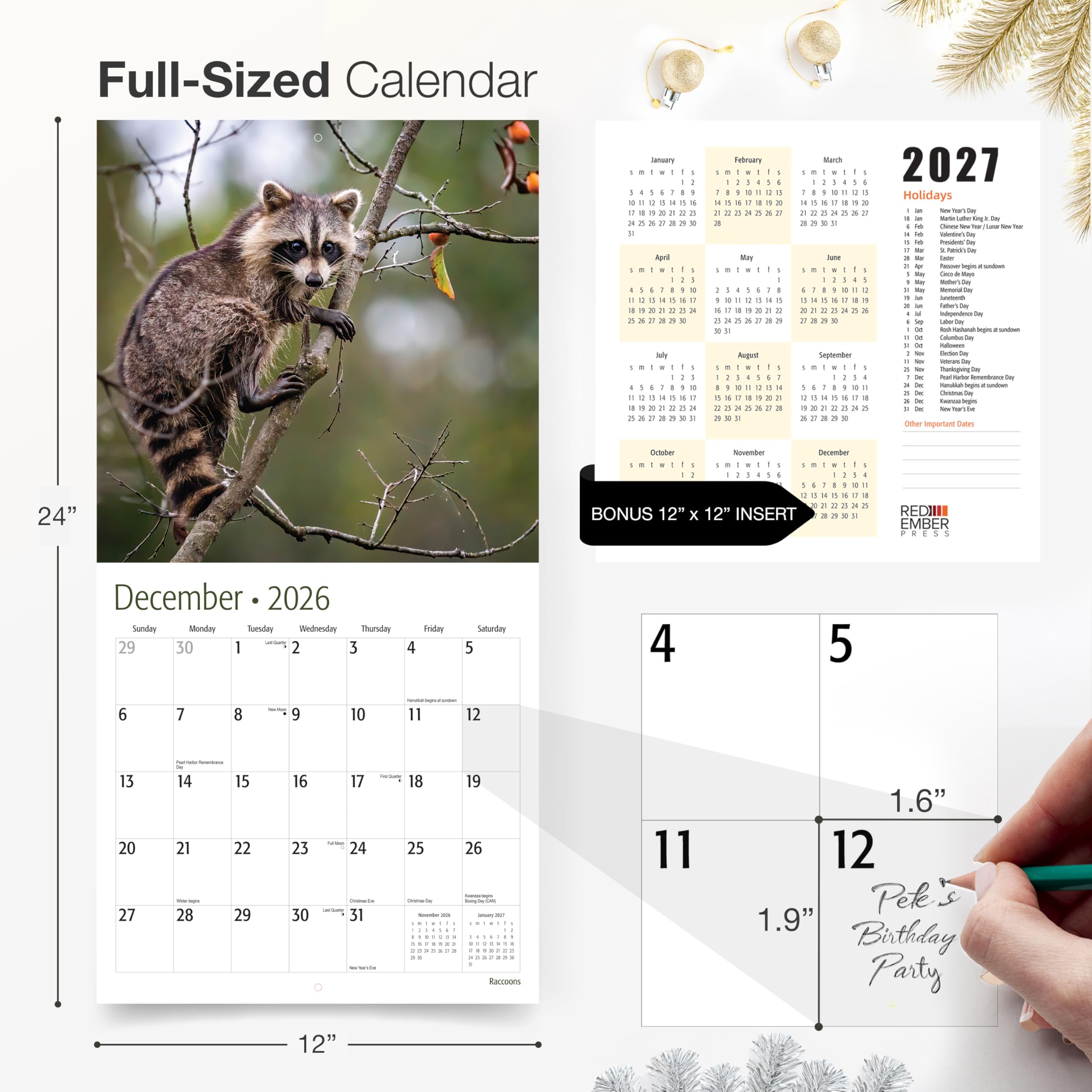 RED EMBER Waschbären Wandkalender 2026, 12 Monate, 30,5 x 61 cm offen, dickes & stabiles Papier, Geschenk, Kalender 2026
