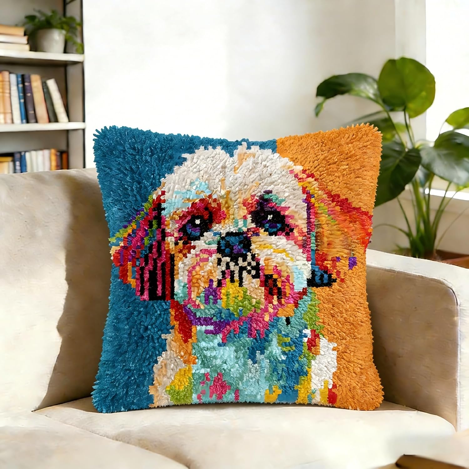 Cozykeke Dog Latch Hook Kit for Adults Beginners,DIY Latch Hook Pillow Kit Cover Cushion Craft Kits with Pre-Printed Canvas,Suitable for Home Decor and Festival Gift 17 * 17in (BZ5248)