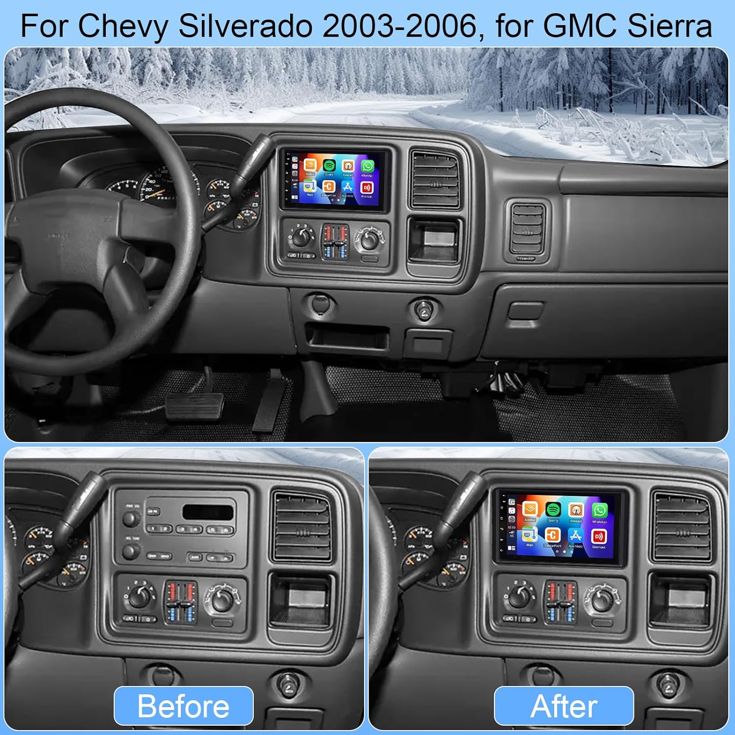 Car Radio Stereo for Chevy Silverado SSR Tahoe 2003-2006, for GMC Sierra Yukon 2003-2006, for Hummer H2 2003-2006, 7 Inch Touchscreen Radio with Wireless Carplay Android Auto, GPS, WiFi,Backup Cam