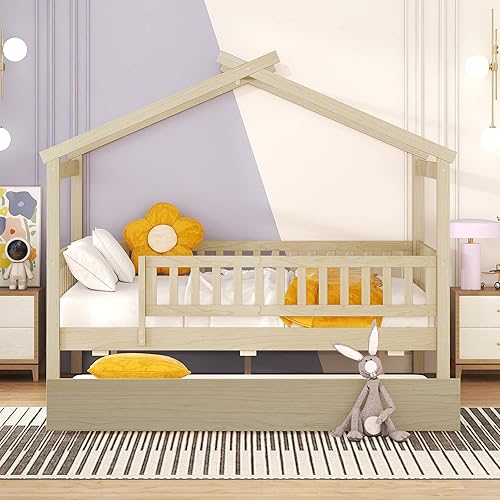 Miniatura 55 de Cama de casa tamaño individual con barandillas de valla, marco de cama de madera estilo Montessori para niños, divertidas camas de casa de juegos