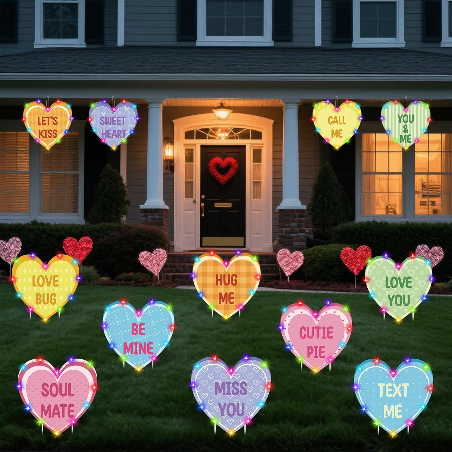 Blosssound 12 Pcs Valentines Outdoor Yard Signs with LED Lights Conversation Hearts Decorations Valentines Day Yard Signs with Stakes for Valentine Outside Garden Lawn Pathway Walkway Decor Supplies