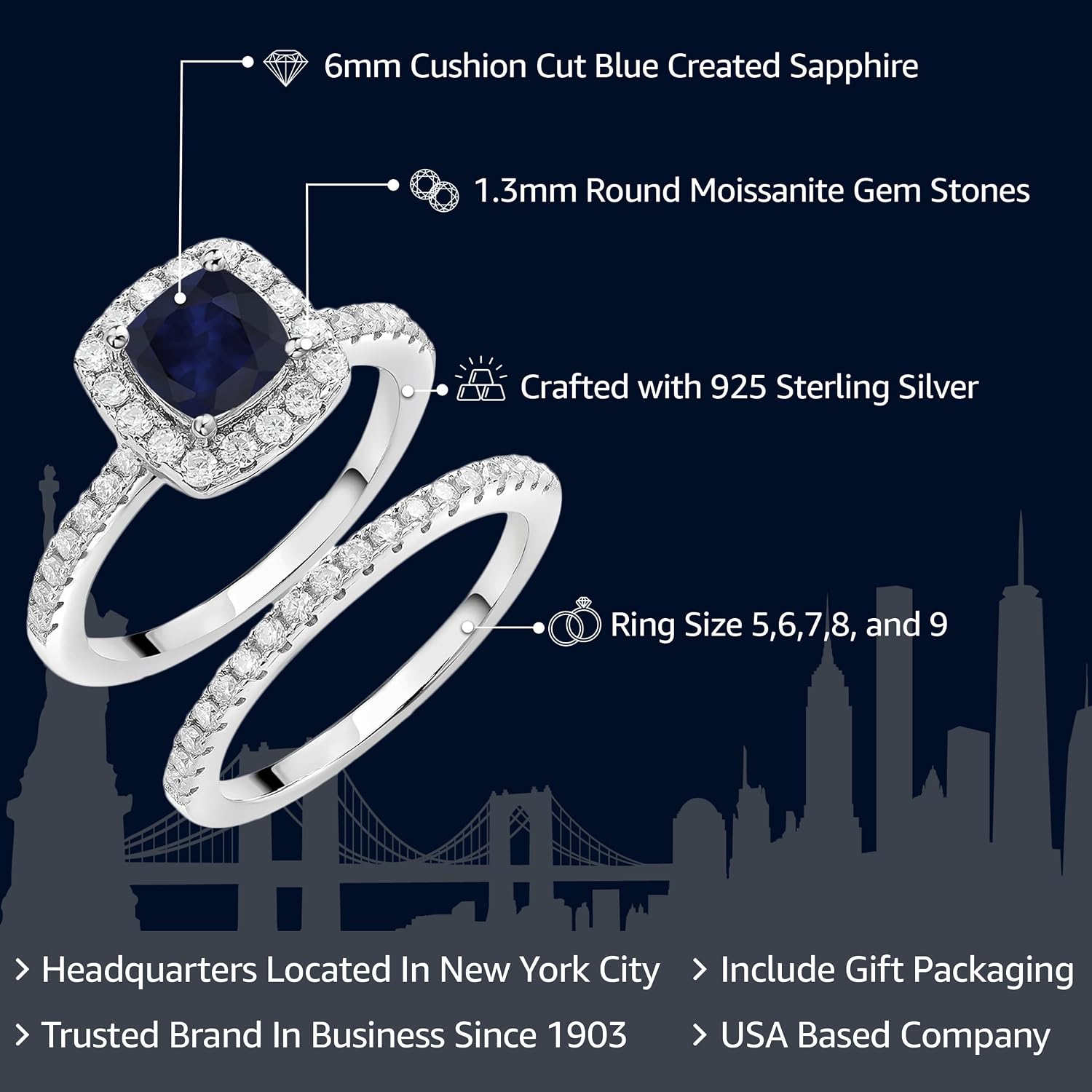 Gem Stone King Wedding Engagement Ring Band Bridal Set For Women | 925 Sterling Silver | Cushion Cut 6MM Gemstone Birthstone | With Round 1.3MM Accents | Elegant Halo Design | Sizes 5-9