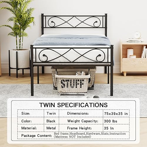 Miniatura 7 de Base de cama de plataforma de metal individual con cabecero, soporte de listones de acero resistente, base de colchón, almacenamiento debajo de la