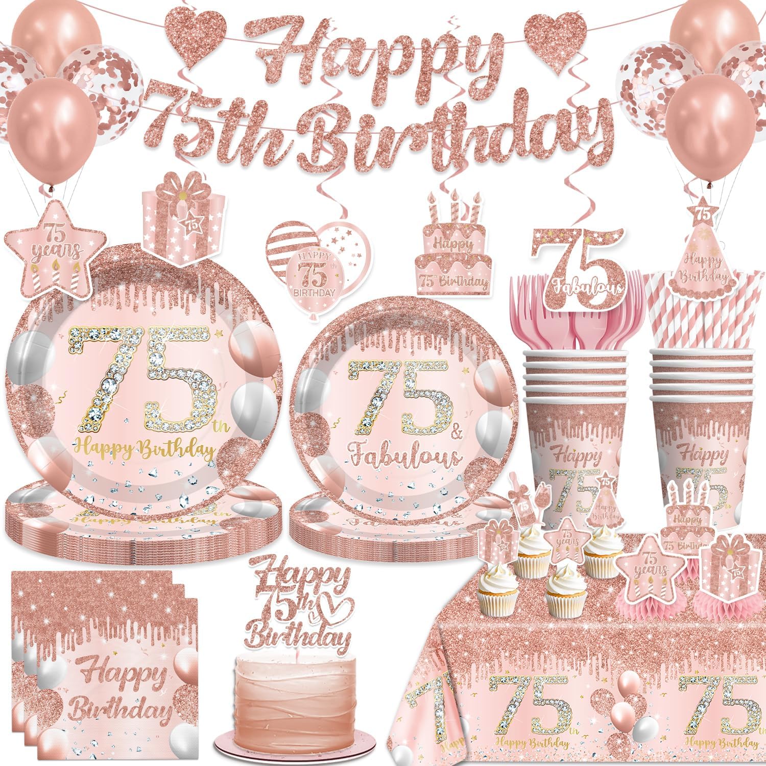 201 PCS Happy 75th Birthday Decorations Tableware Set Rose Gold, With Banner, Cake Topper, Plates and Napkins, 75th Birthday Decorations for Women, Serves 25 Guests