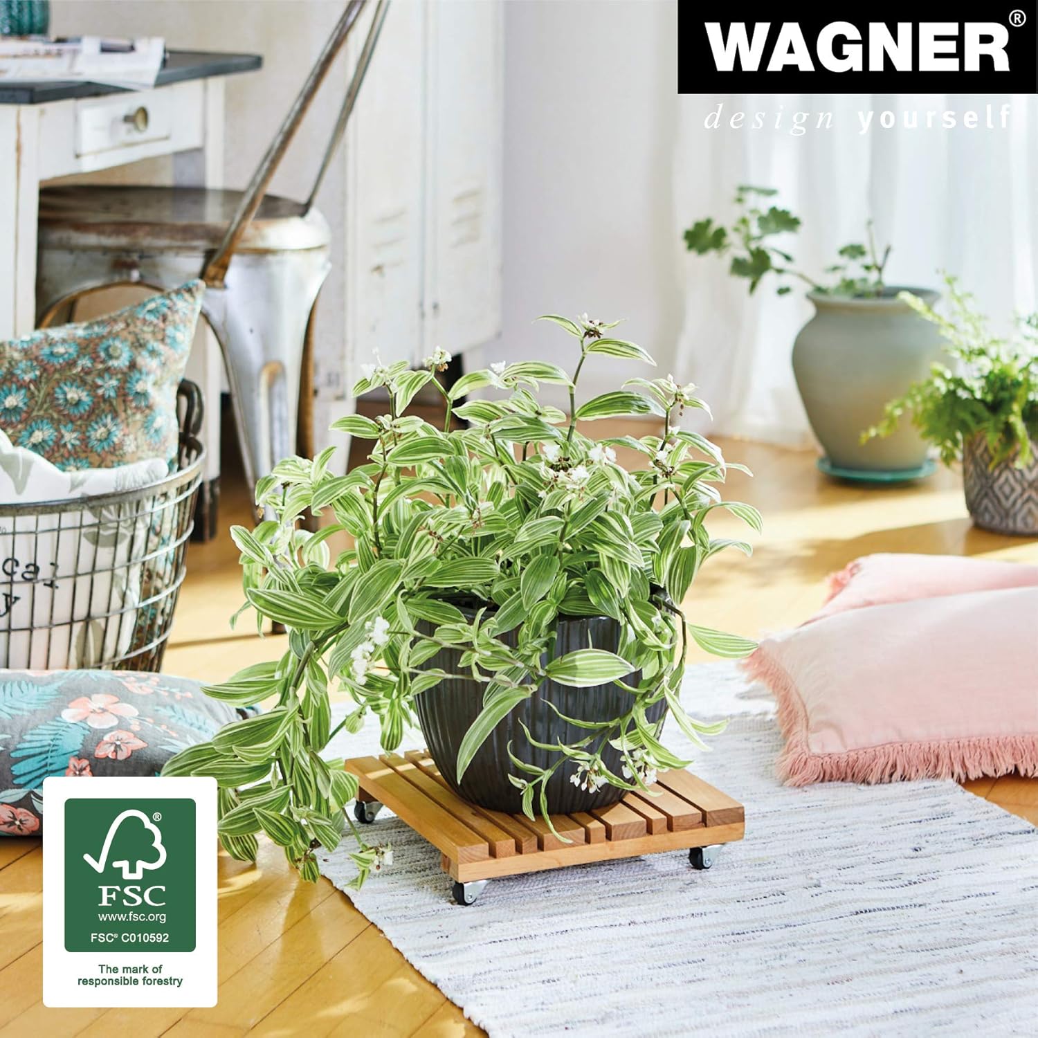 WAGNER Feng Shui Plant Trolley 28 x 28 x 5.5 cm I for Indoors, Natural Alder, Oiled I Flower Trolley in Solid Wood FSC® with Wheels I Load 100 kg I Made in EU - 20023001