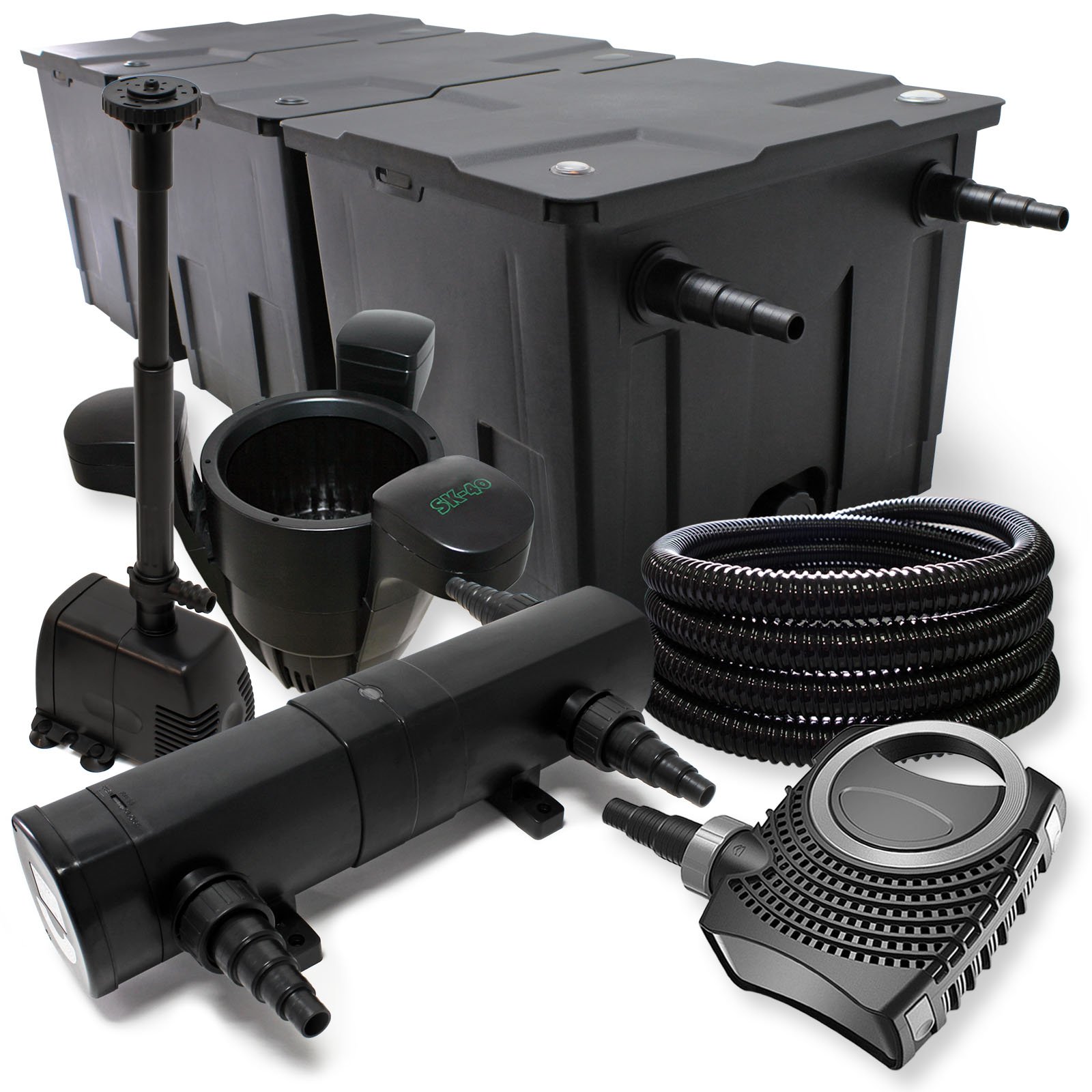 WilTec Kit Complet: CBF-350C Filtre de Bassin jusqu'à 90000 L, NEO10000 Pompe de Filtration 10000l/h 80W, CUV-224 Lampe UV 24W, 25m Tuyau 25 mm, SK-40 Écumeur 3000l/h 60W, HJ-943 Fontaine 800l/h 16W