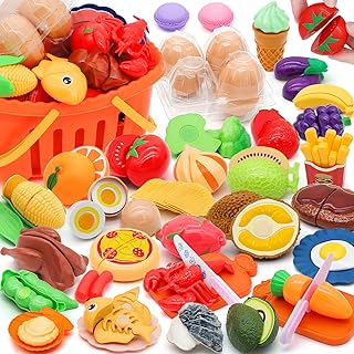 88 Pcs Play Food for Kids Kitchen, Play Kitchen Accessories Toy Food, Fruit and Vegetable, Pretend Food with Storage Basket, Mini Dishes and Knife, Kitchen Playset for Toddlers 1-3, Gift for Kids