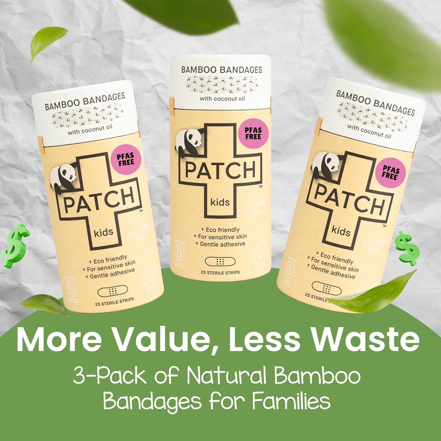 PATCH Eco-Friendly Bamboo Adhesive Sensitive Skin Bandages with Coconut Oil, Hypoallergenic Bandages for Sensitive Skin, Cute Kids Panda Print, Biodegradable, Plastic & Latex Free, 25 Count - 3pk