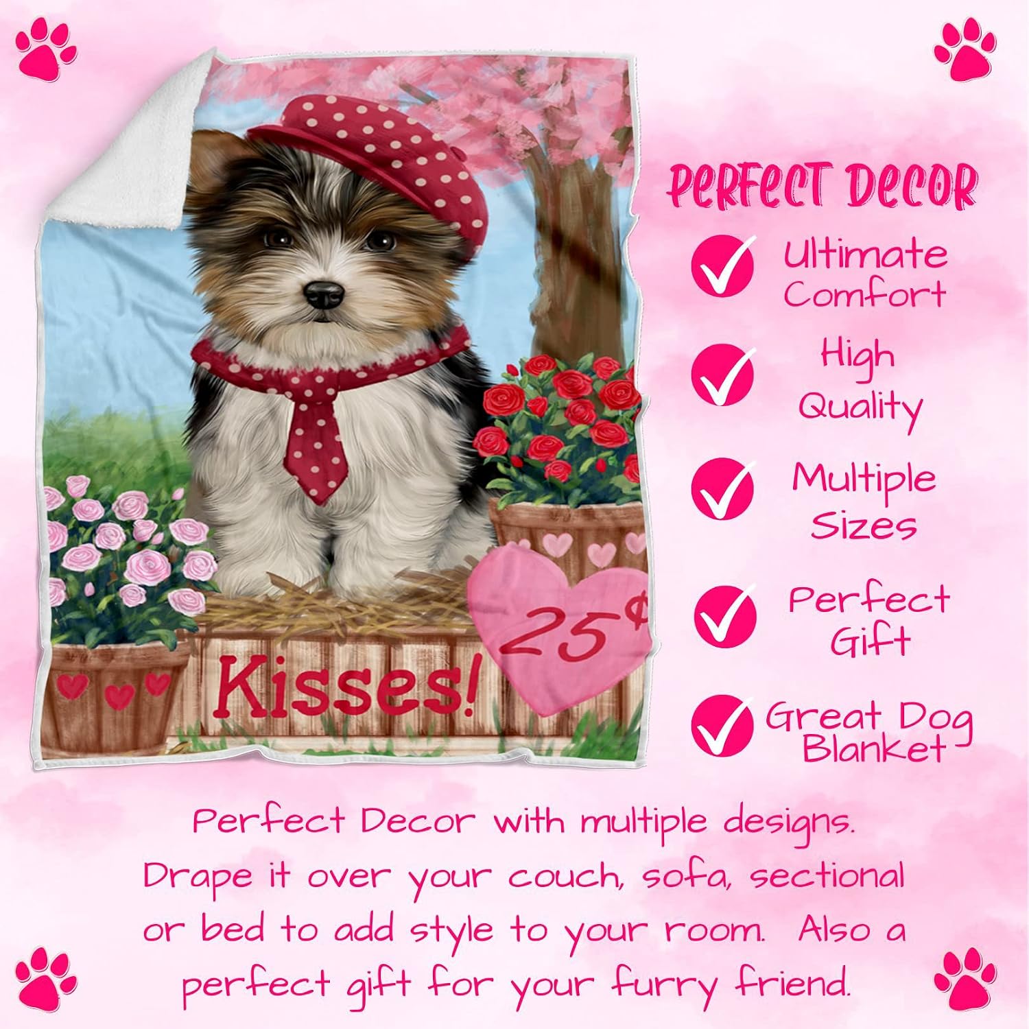 Rosie 25 Cent Kisses Biewer Dog Blanket - Lightweight Soft Cozy and Durable Bed Blanket - Animal Theme Fuzzy Blanket for Sofa Couch BLNKT60721 (30x40 Fleece)