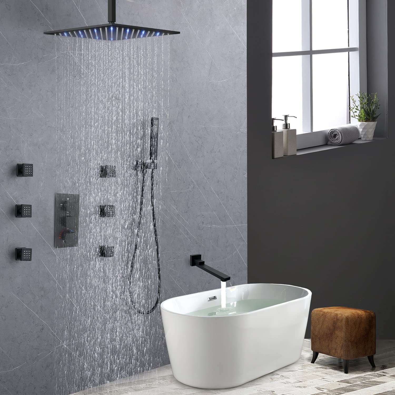 System prysznicowy, głowica termostatu z wylewką wannową, czarny matowy zestaw, 30 cm, montowany na suficie, deszczownica LED, cały korpus z dyszami korpusu, słuchawka prysznicowa, zawór mosiężny