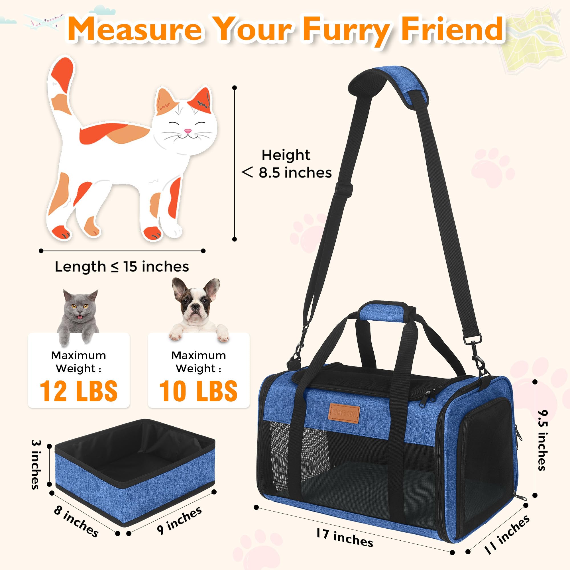 PETUX Airline Approved Pet Carrier - 17x11x9.5 in, Underseat, Top & Side Entry, Soft Sided Cat Dog Carrier for Small Cat & Dog Up to 12 lbs with Anti-Scratch Mesh & Litter Box for Travel & Vet - Blue - image 5