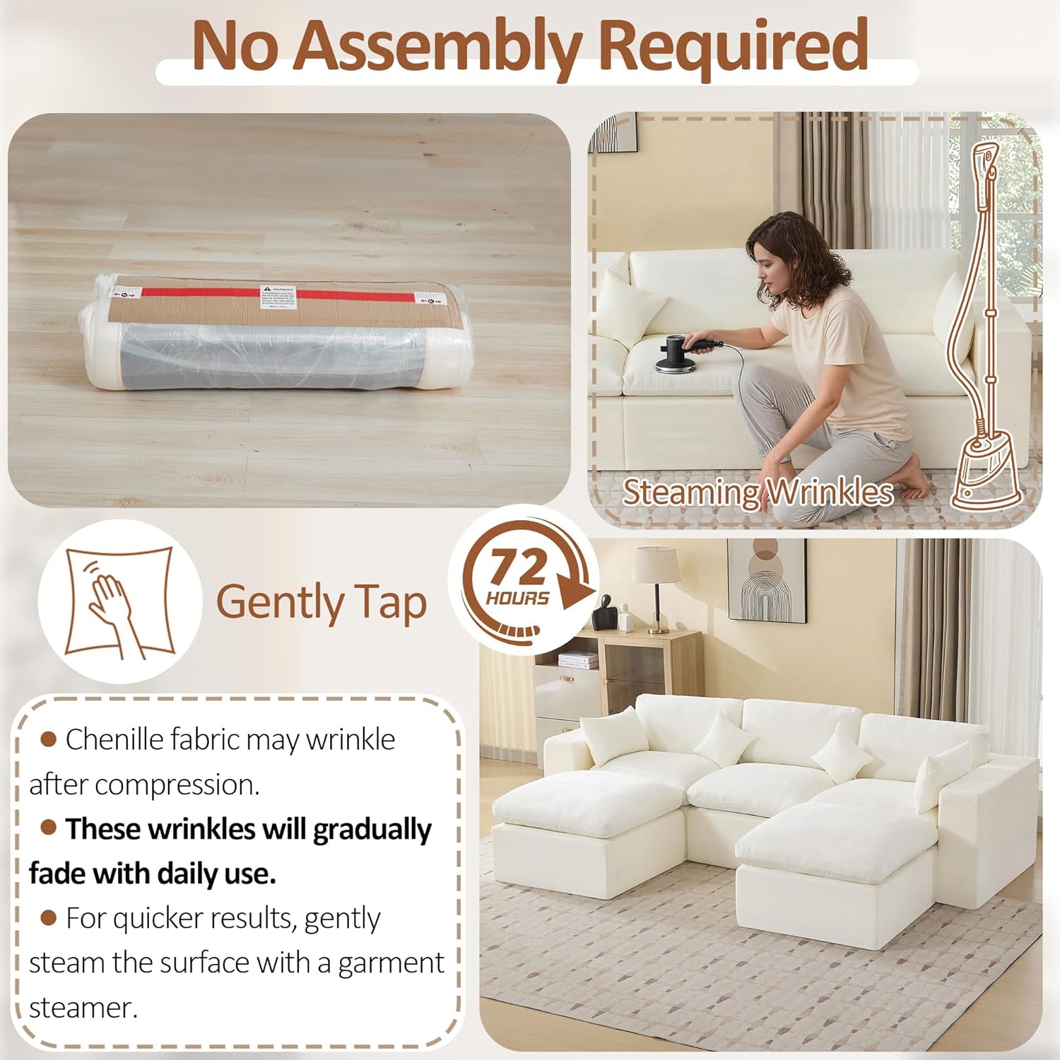 115'' Cloud Boneless Sectional Couch, Modular Sectional Sofa Deep Seat with 2 Ottomans, Oversized Upholstered Convertible Comfy 5 Seater Chenille Sofa U Shape Couches for Living Room, Beige