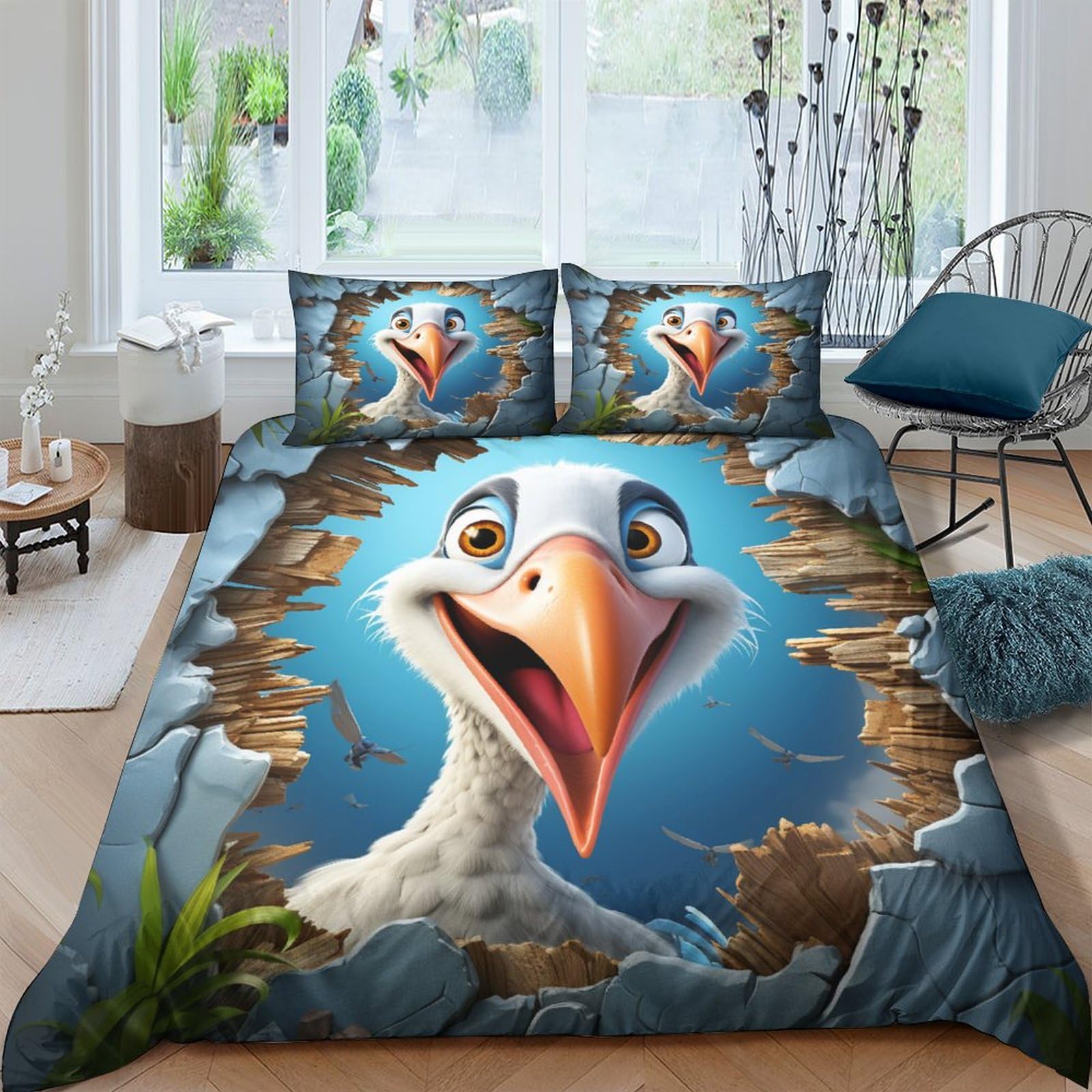 Housses de couettes oiseau 3D bleu grand confort microfibre premium lit King 220x240 cm