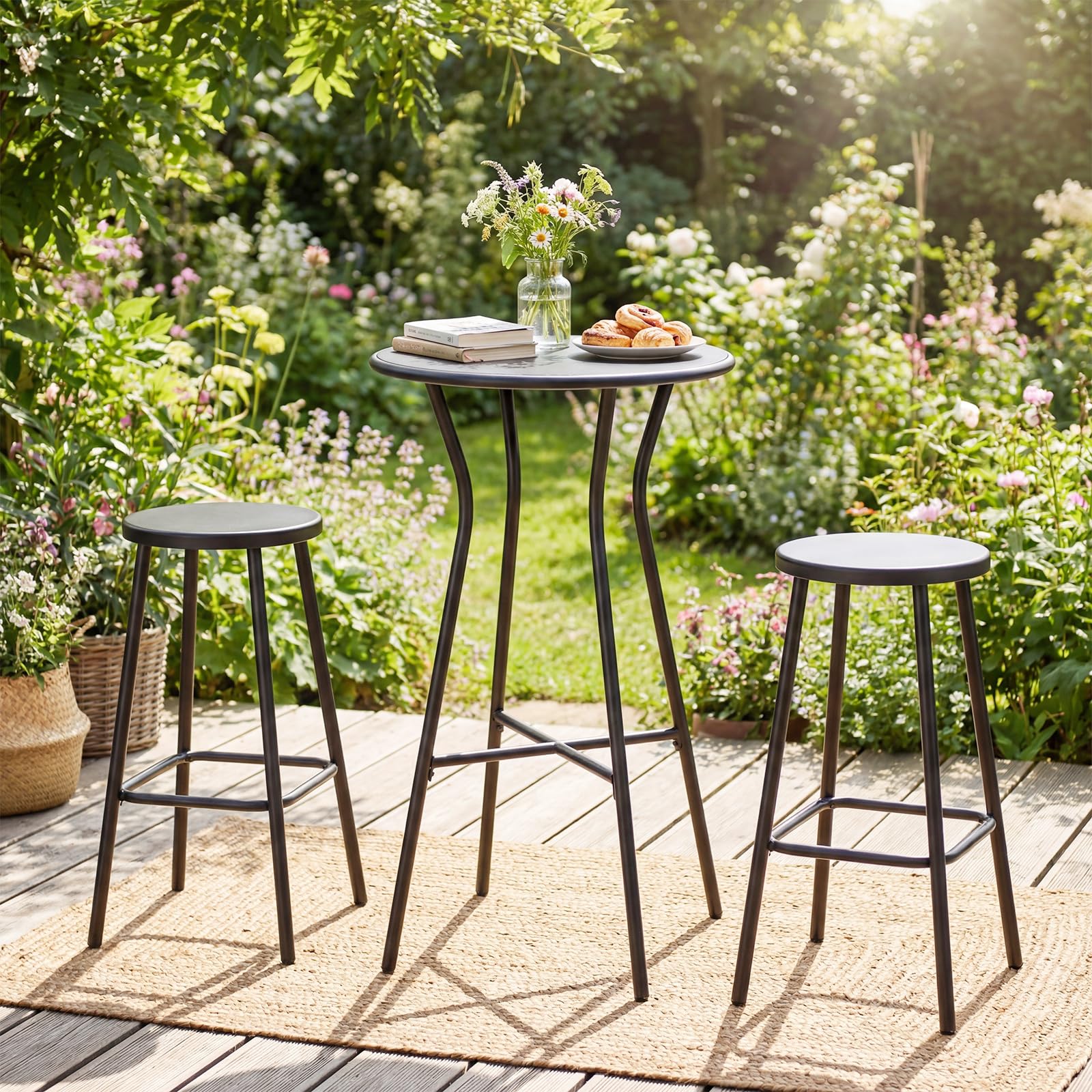 COSTWAY Mesa de Bar Alta Exterior, 55,5 x 93 cm, Mesa Alta Redonda con Reposapiés en Forma de X, Estructura de Metal, Interior y Exterior Terraza Patio, Negro