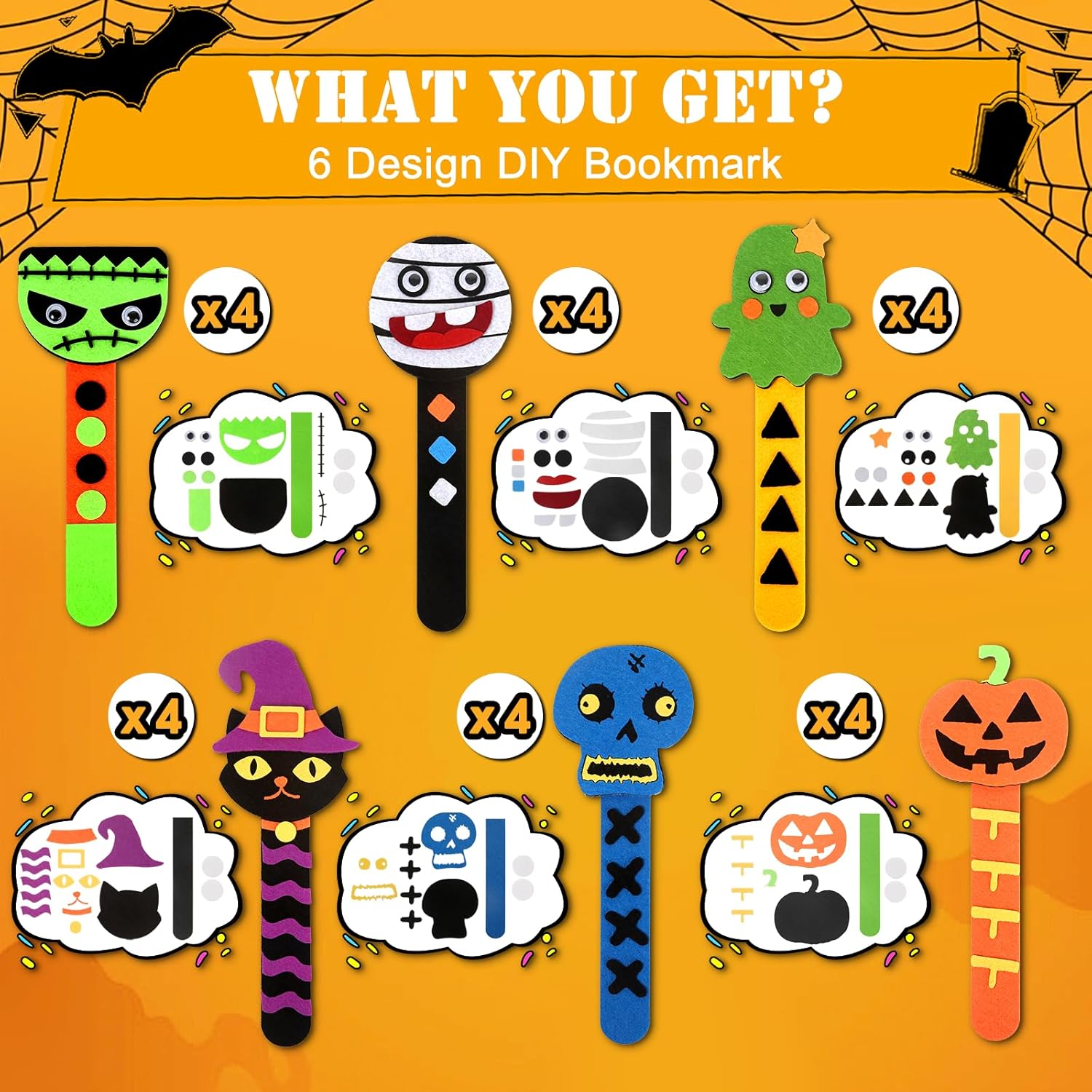 24pcs Halloween Bookmarks DIY Gifts Halloween Party Favors,Halloween Crafts for Kids Ages 4-8,Classroom Prizes Crafts Supplies,Halloween Trick or Treating Goodie,Treat Bags Gifts Fillers Bulk