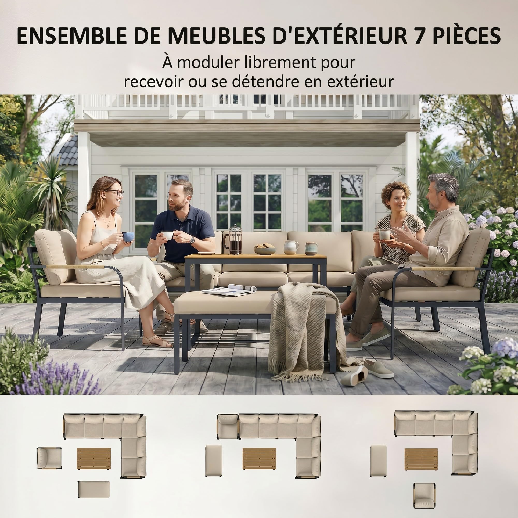 Outsunny Salon de Jardin 7 Pièces Ensemble Canapé d'angle Extérieur Modulable avec Pouf et Table en WPC Mobilier de Terrasse Accoudoirs en Résine Tressée et Coussins Épais Beige et Gris