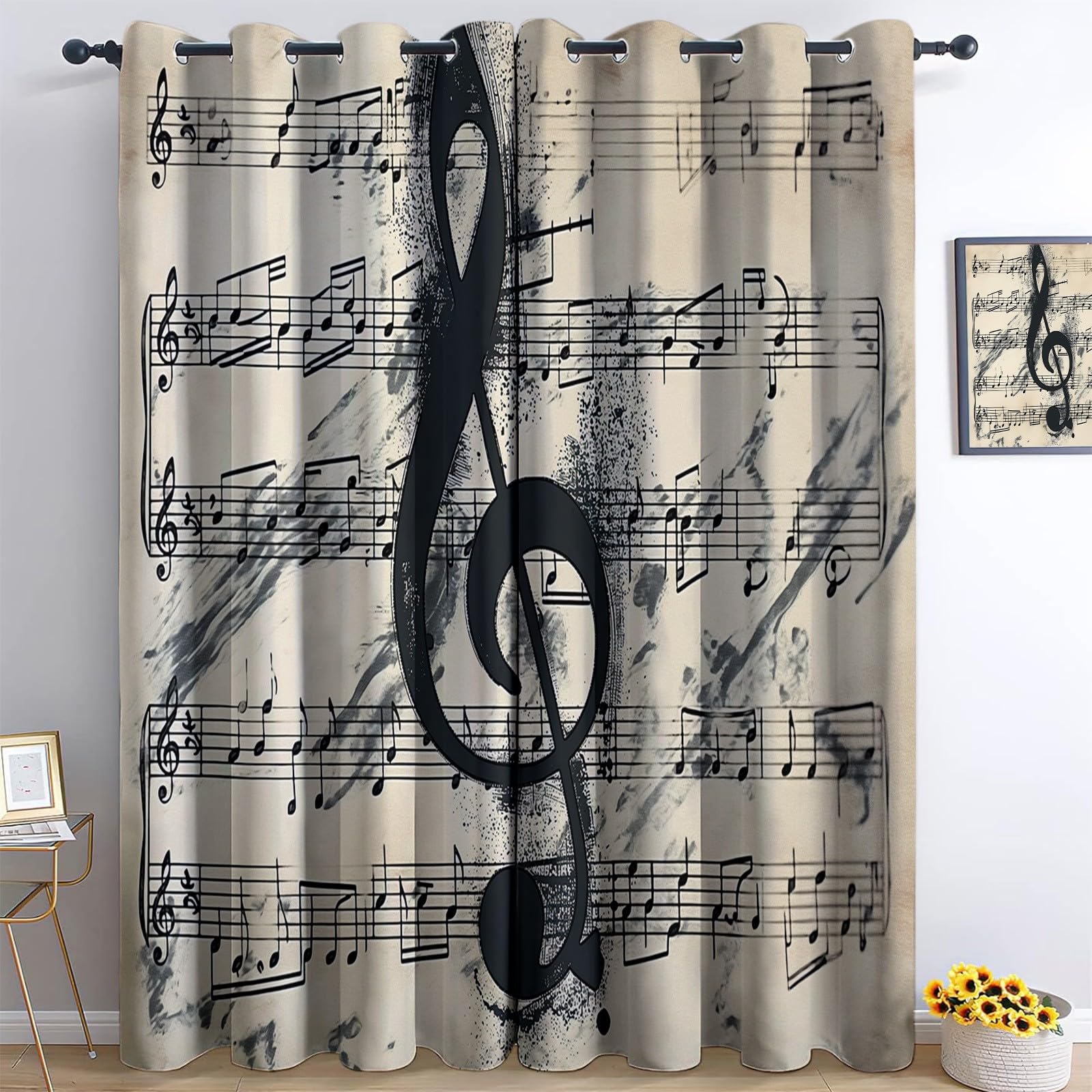 Rideaux opaques de salon au tissage thermique motif encre beige rétro
