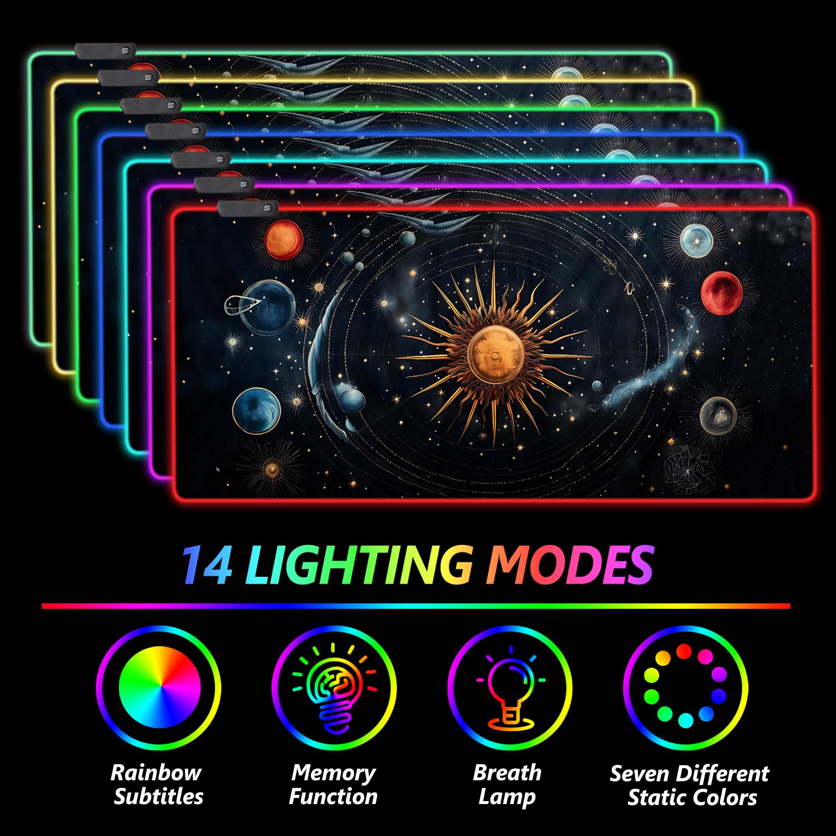 AIMSA Tappetino per Mouse Pad, per mouse da gioco a LED, con 14 modalità di illuminazione, base in gomma antiscivolo, per PC e laptop, motivo: sistema solare astratto