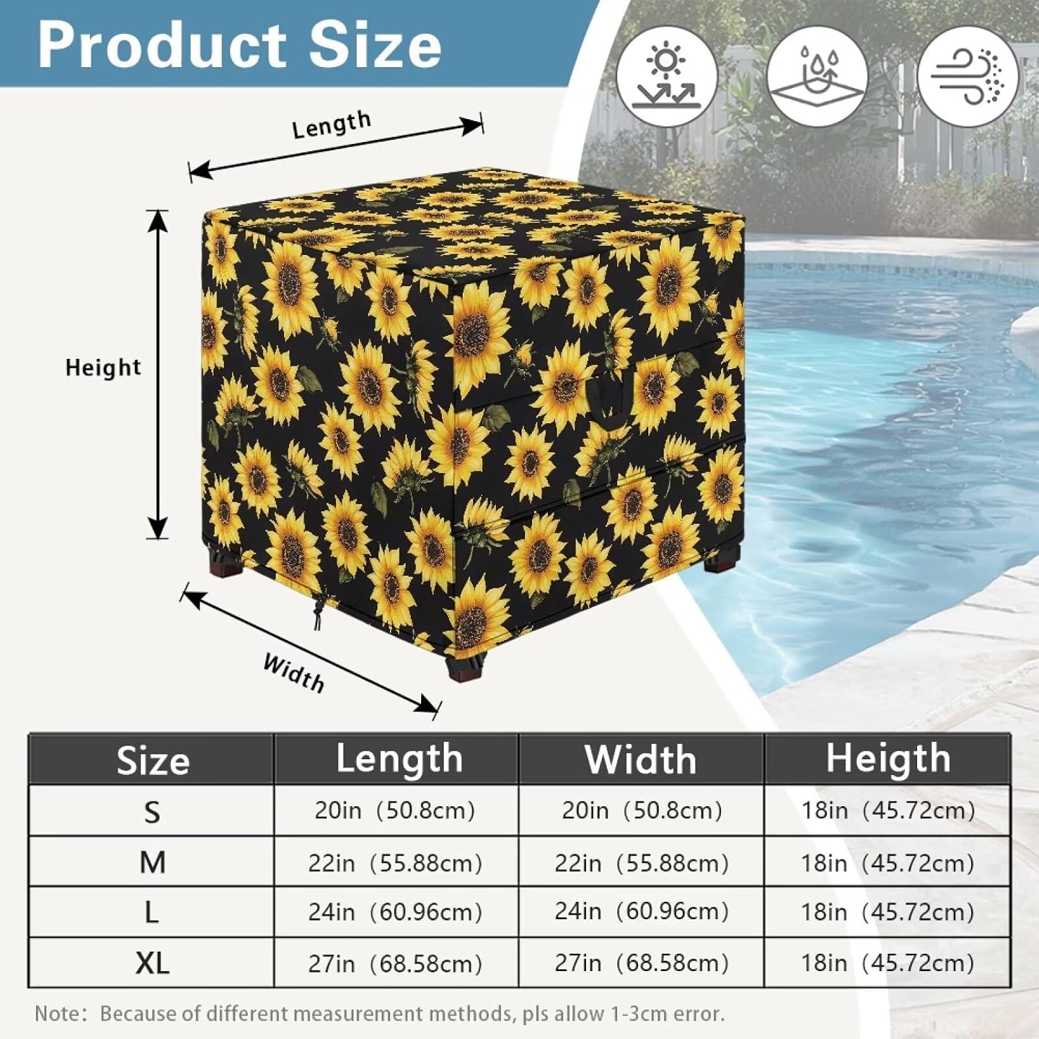 Sunflower Waterproof Ottoman Cover, Outdoor Ottoman Slipcover, Square Patio Furniture Covers Suitable for Indoor and Outdoor Use, 24L x 24W x 18H inch