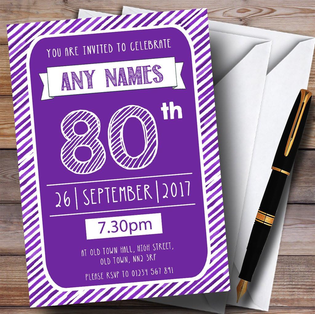 Purple & White Stripy Deco 80th Personalized Birthday Party Invitations