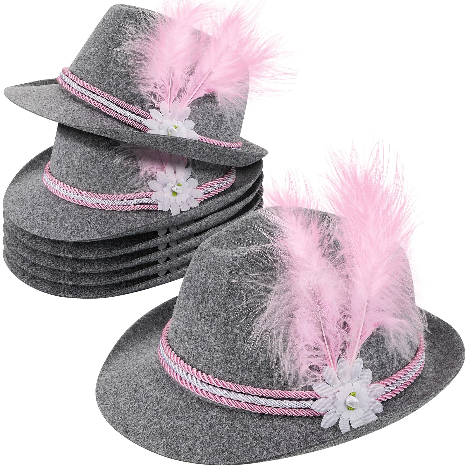 SATINIOR 6 Sombreros Bávaros para Adulto Sombrero Tirolés Gorro Tradicional de Fiesta de Cerveza con Plumas y Flor de las Nieves para Fiesta Temática Carnaval Alemania Accesorio Disfraz, Gris, Rosa