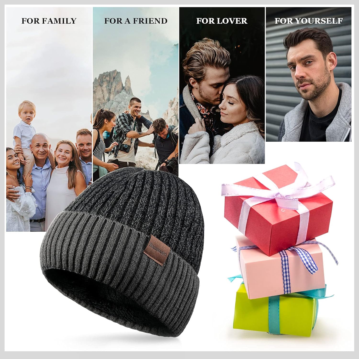 BESSTEVEN Winter Beanie Hat for Men Women Double Layer Slouch Beanie Mens Gifts Christmas Stocking Stuffers Gift for Women Dad Thermal Ski Camping Running Stocking Skull Cap : Sports & Outdoors