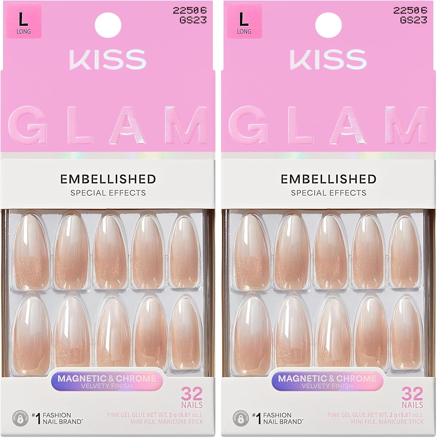 Kiss Glam, Press On Nails, Nail glue included, 'Day n Night', Beige, Long Size, Almond Shape, Includes 32 Nails, 2g Glue, 1 Manicure Stick, 1 Mini File (Pack of 2)