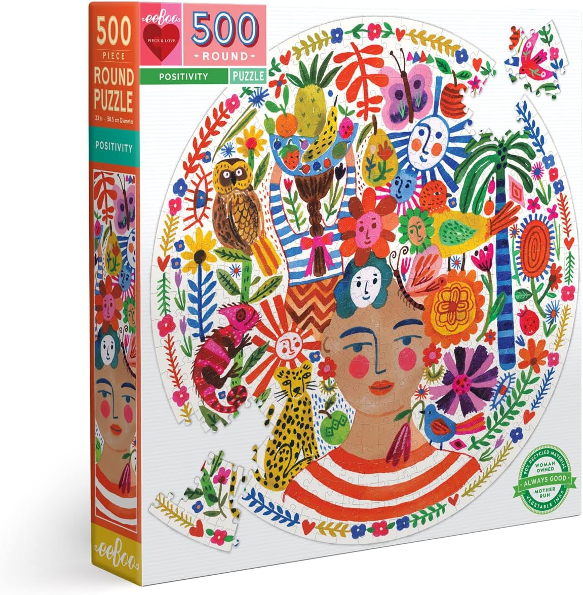 eeBoo 500 Piece Puzzle - Positivity Jigsaw Puzzle for Adults, Circular with 23" Diameter Made with Recycled Board & Vegetable-Based Ink