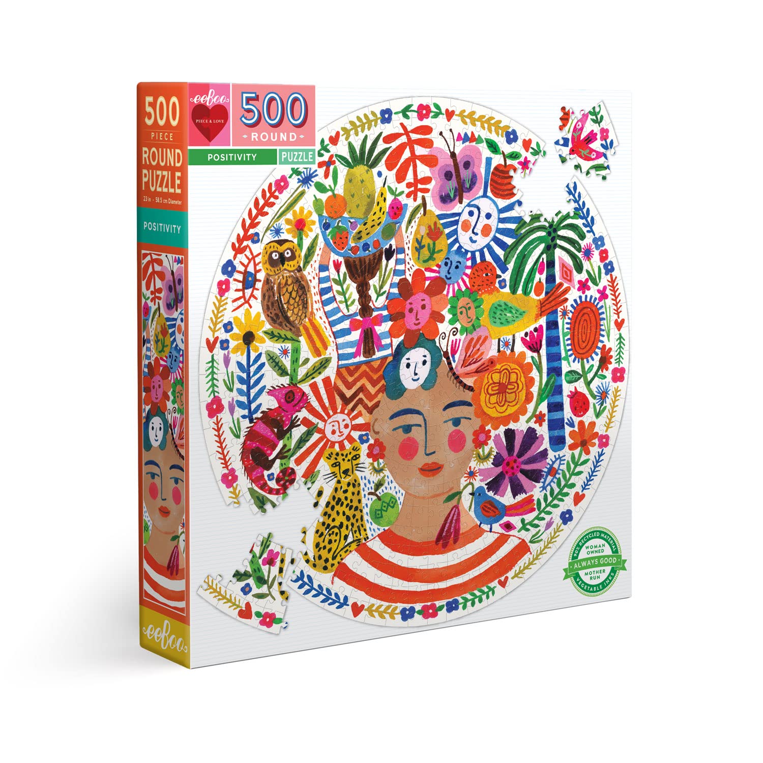 eeBoo- Positivity pensée Positive 500 Carton recyclé avec des pièces Brillantes-Puzzle Rond 58.5 cm de diamètre – PZFPOS, Multicouleur