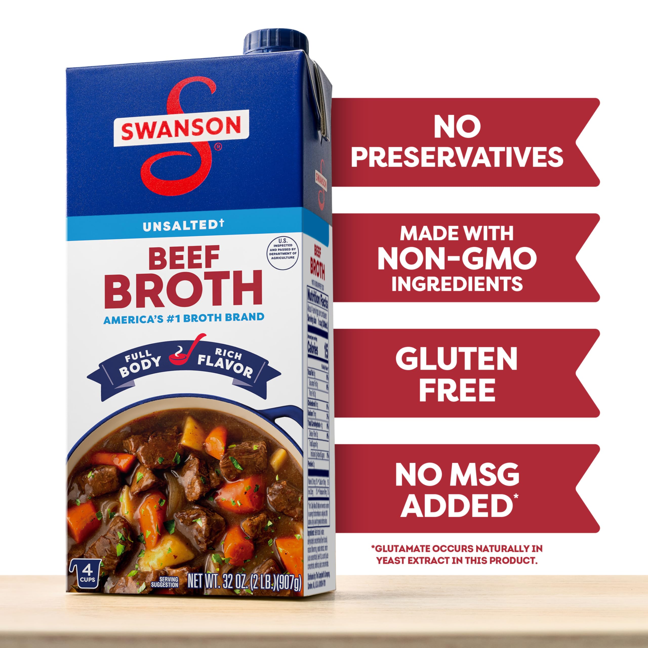 SWANSON S 100% Natural Unsalted Beef Broth, 32 oz Carton (Pack of 4)