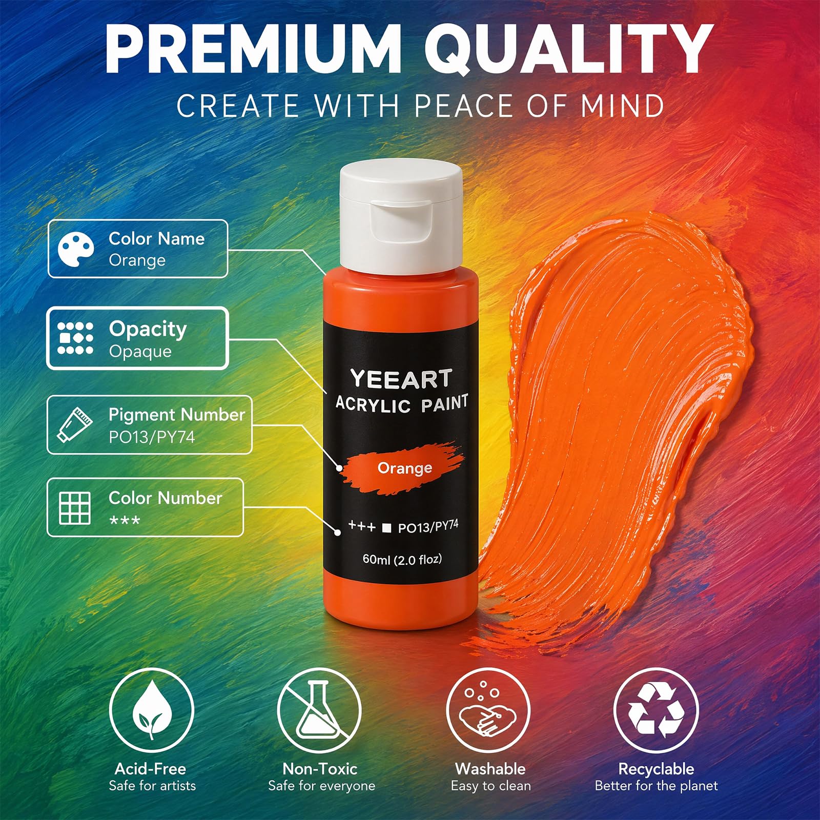 Juego de 50 pinturas acrílicas de 60 ml en botellas, de alta calidad, no tóxicas, resistentes al agua, juego de pinturas acrílicas con pinceles para artistas, estudiantes, adultos, para lienzo, madera