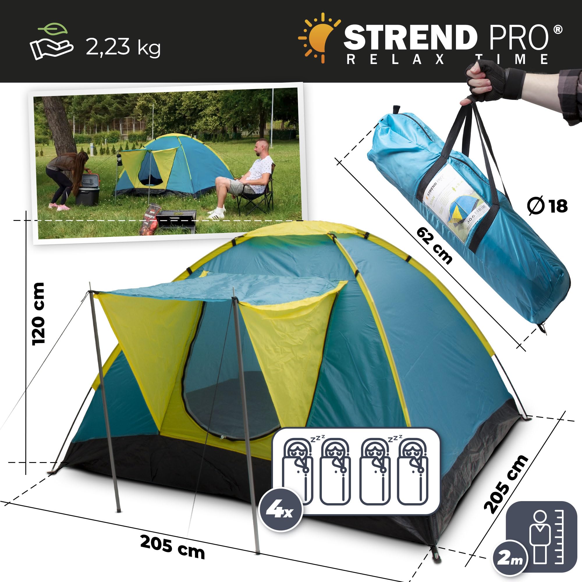 STREND PRO Campingzelt 4 Personen 205x205x120 cm – Zelt MIT VORZELT - Wurfzelt mit Markise, Kuppelzelt Wasserdicht, großes Zelt für Urlaub & Festival