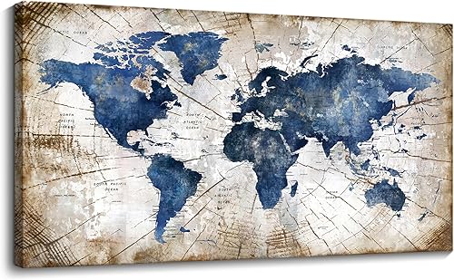 Miniatura 6 de Lienzo de mapa del mundo para pared, arte abstracto de mapas del mundo azul marino para pared, arte de pared moderno vintage para oficina, cuadros