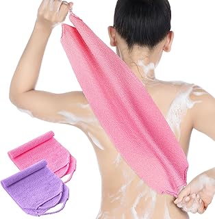 Back Scrubber for Shower Exfoliating Washcloth Back Cloth Body Extended Length Scrubber Towel Nylon Exfoliating Stretchable Pull Strap Wash Cloth for Bath Body Scrub Washcloth 2 Pack (Pink,Purple)