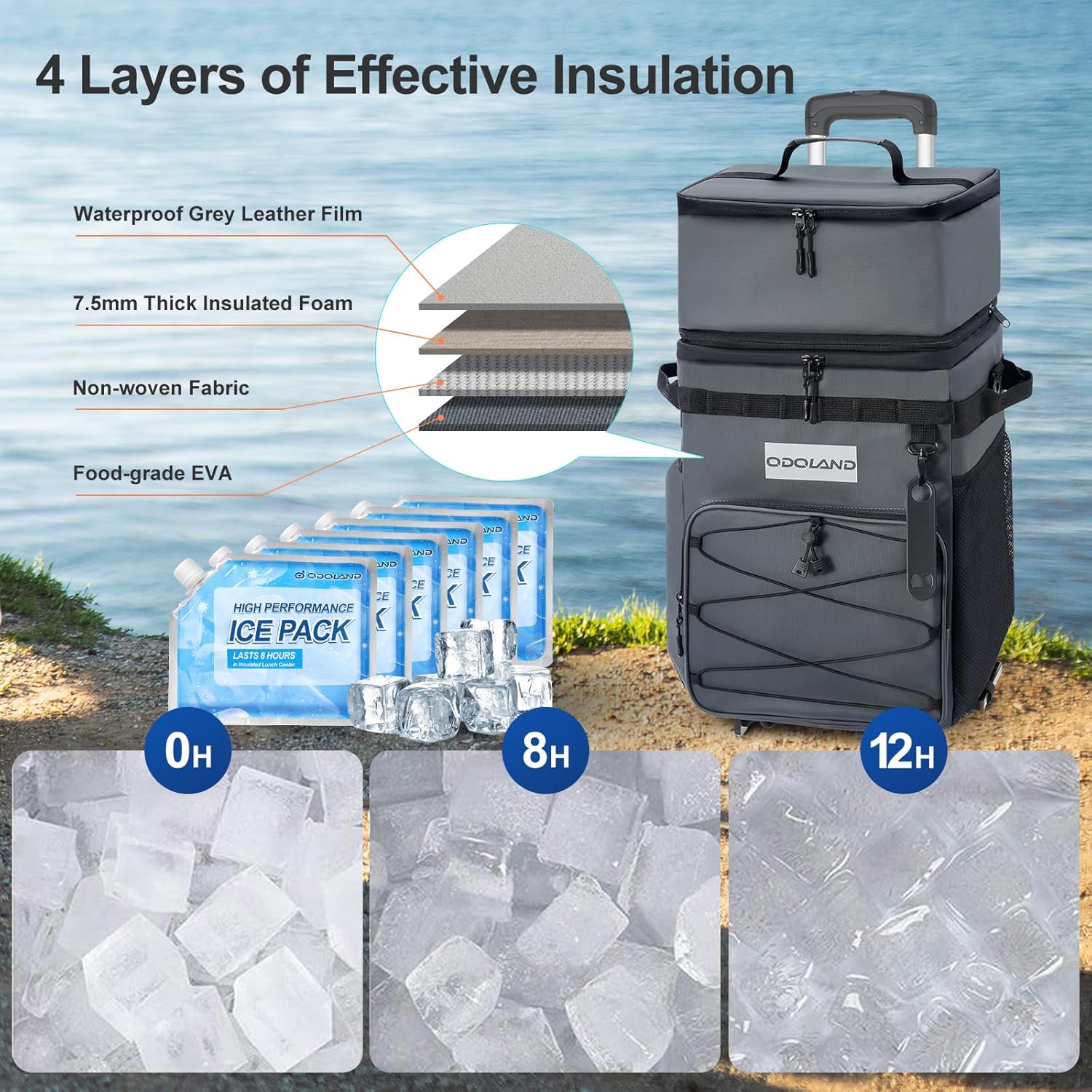 Odoland 48/72 Can Rolling Cooler Bag with Wheels & Handle, Collapsible Insulated Ice Chest for Beach, Camping & Tailgating - Portable Travel Soft Cooler on Wheels, Collapses for Easy Storage