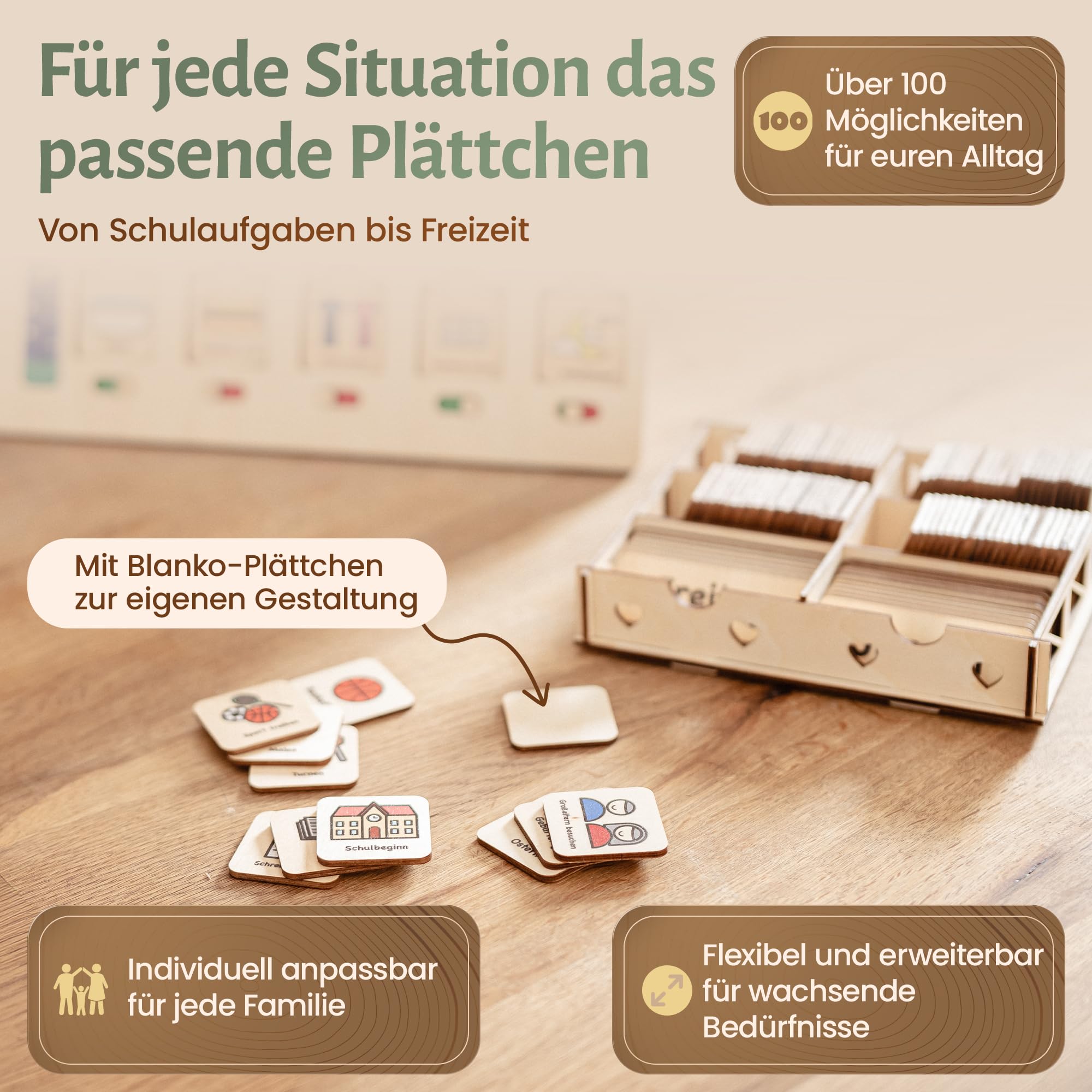 Premium Montessori Kalender & Tagesplaner Holz Kinder - Routinehilfe & Aufgabenplaner für Morgen, Mittag, Abend | Jahreszeiten, Feiertage, Wochentage | 100+ Symbole, Schieberegler & Box