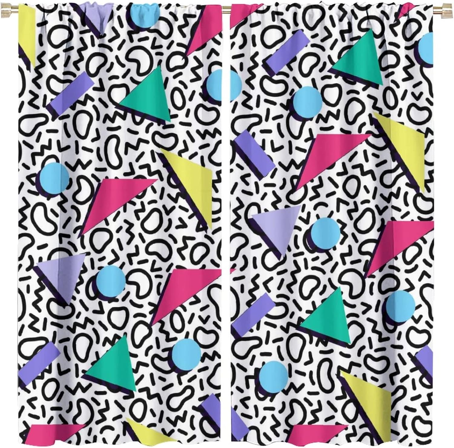 80s 90s Rod Pocket Blackout Curtains for Living Room,Thermal Insulated Funny Vintage 80s 90s Style Geometric Curtains,2 Panels 45L x 21W