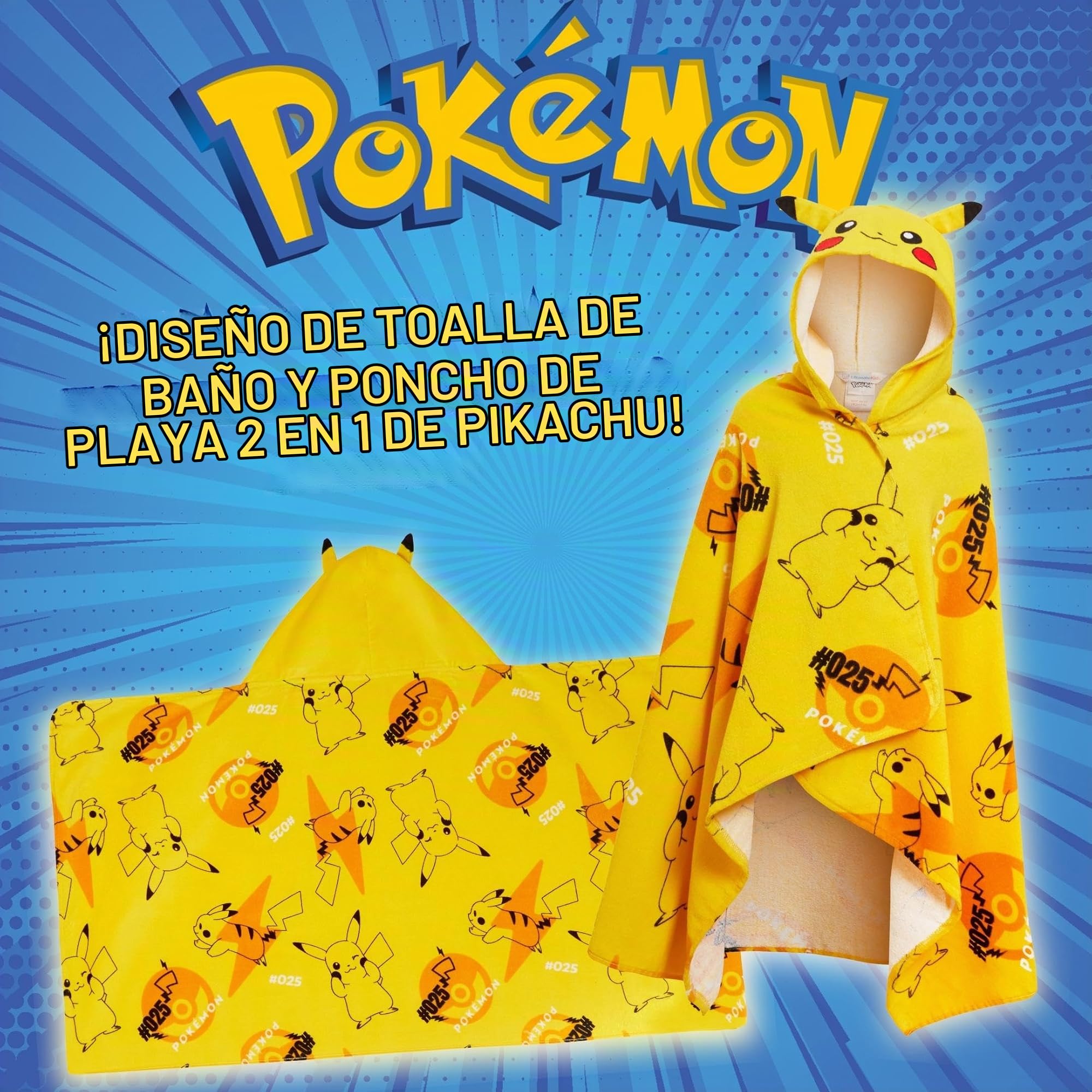 Pokémon Serviette à Capuche Pikachu 100% Coton Enfants Oreilles 3D Déguisement Poncho Pikachu Serviette de Plage Serviette de Bain Enveloppe de Natation