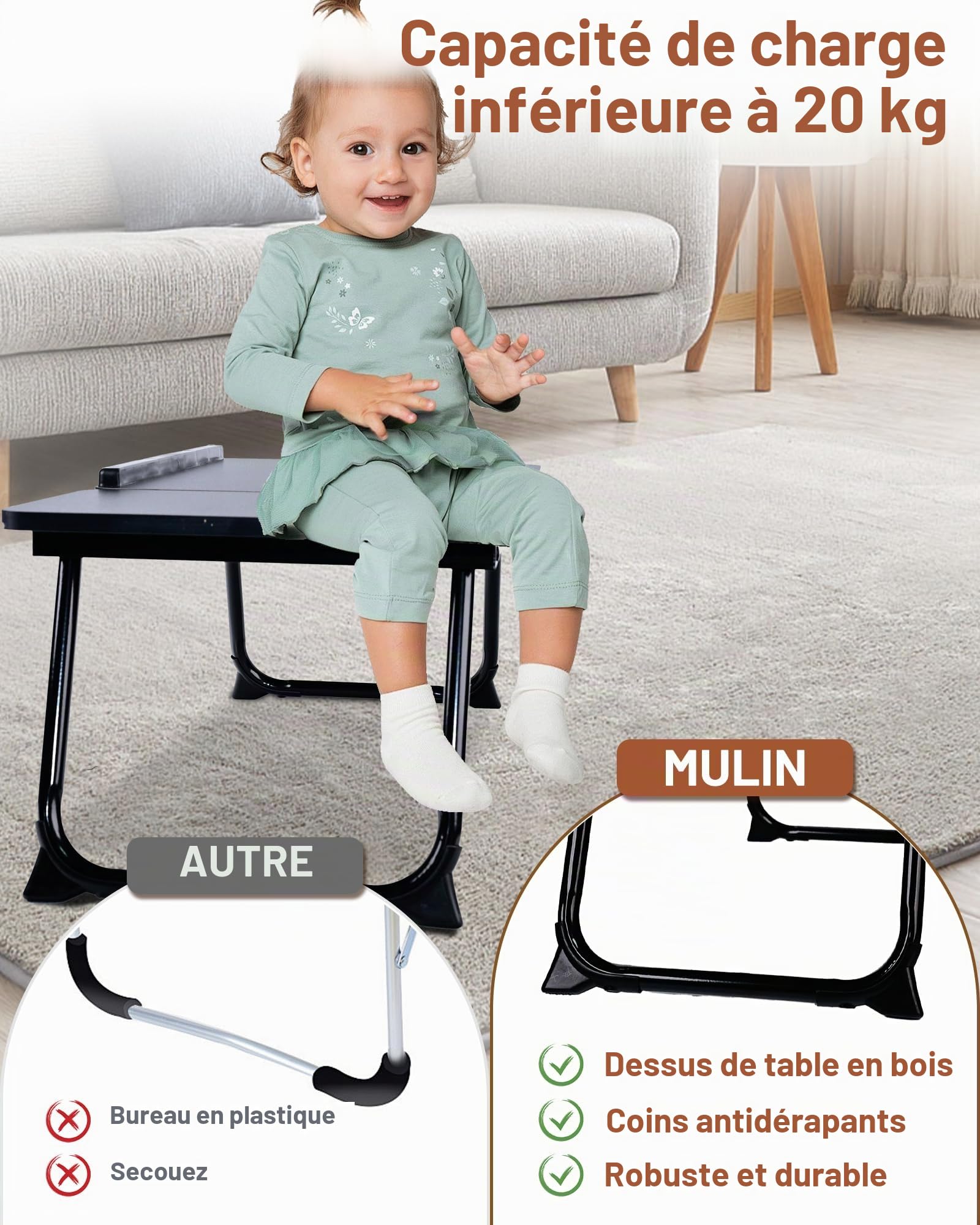 Plateau de Lit Pliable 55.5x32x25cm - Table de Lit avec Support Ordinateur Portable, Support Livre et Porte-Gobelet, 5 Positions Inclinaison jusqu'à 20kg (Noir)