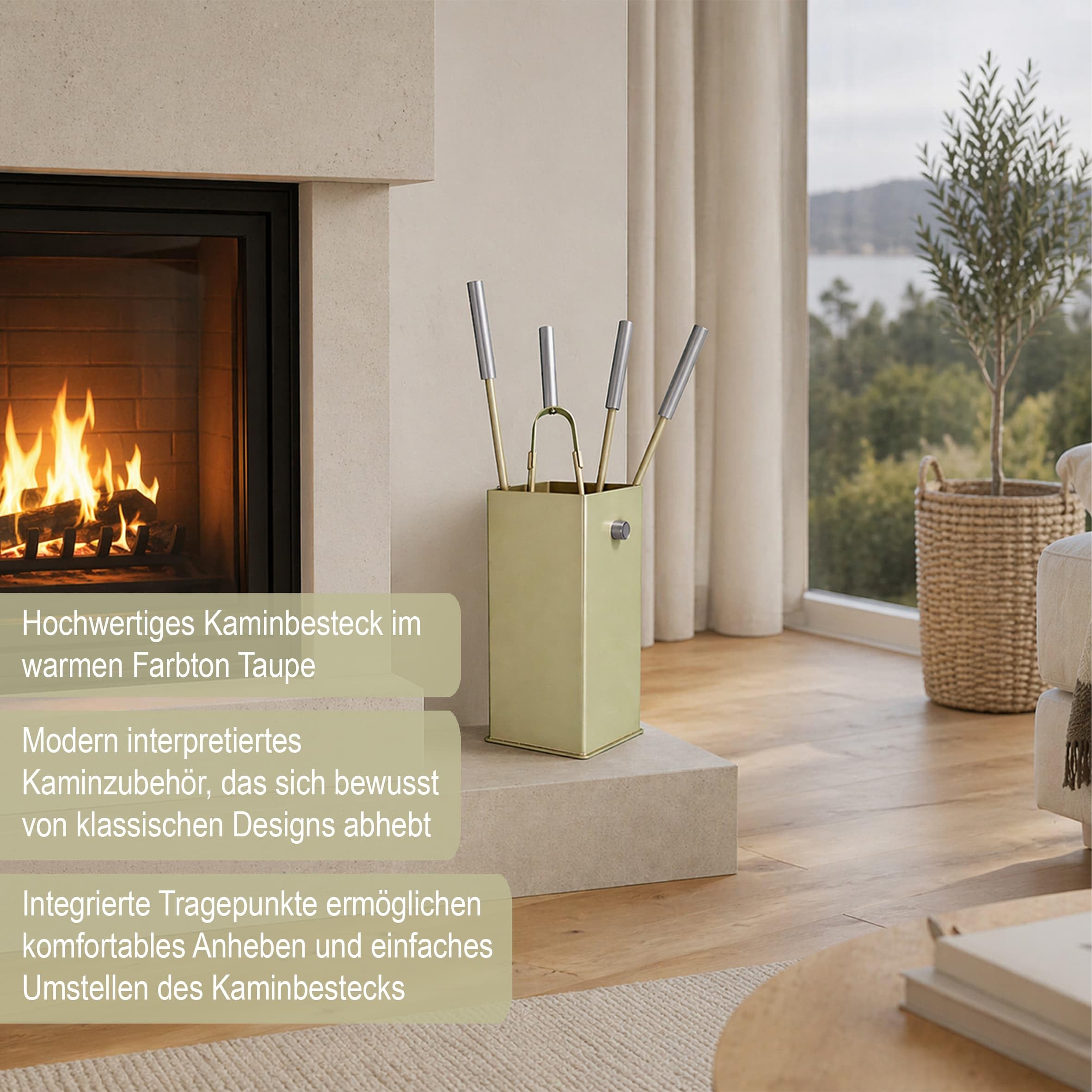 MS Beschläge Kaminbesteck Taupe modern 5-teilig - Kamingarnitur massiv Stahl pulverbeschichtet - Ofenbesteck mit eckigem Behälter & Edelstahl Griffstücke - elegantes Design Kamin-Set Kaminzubehör