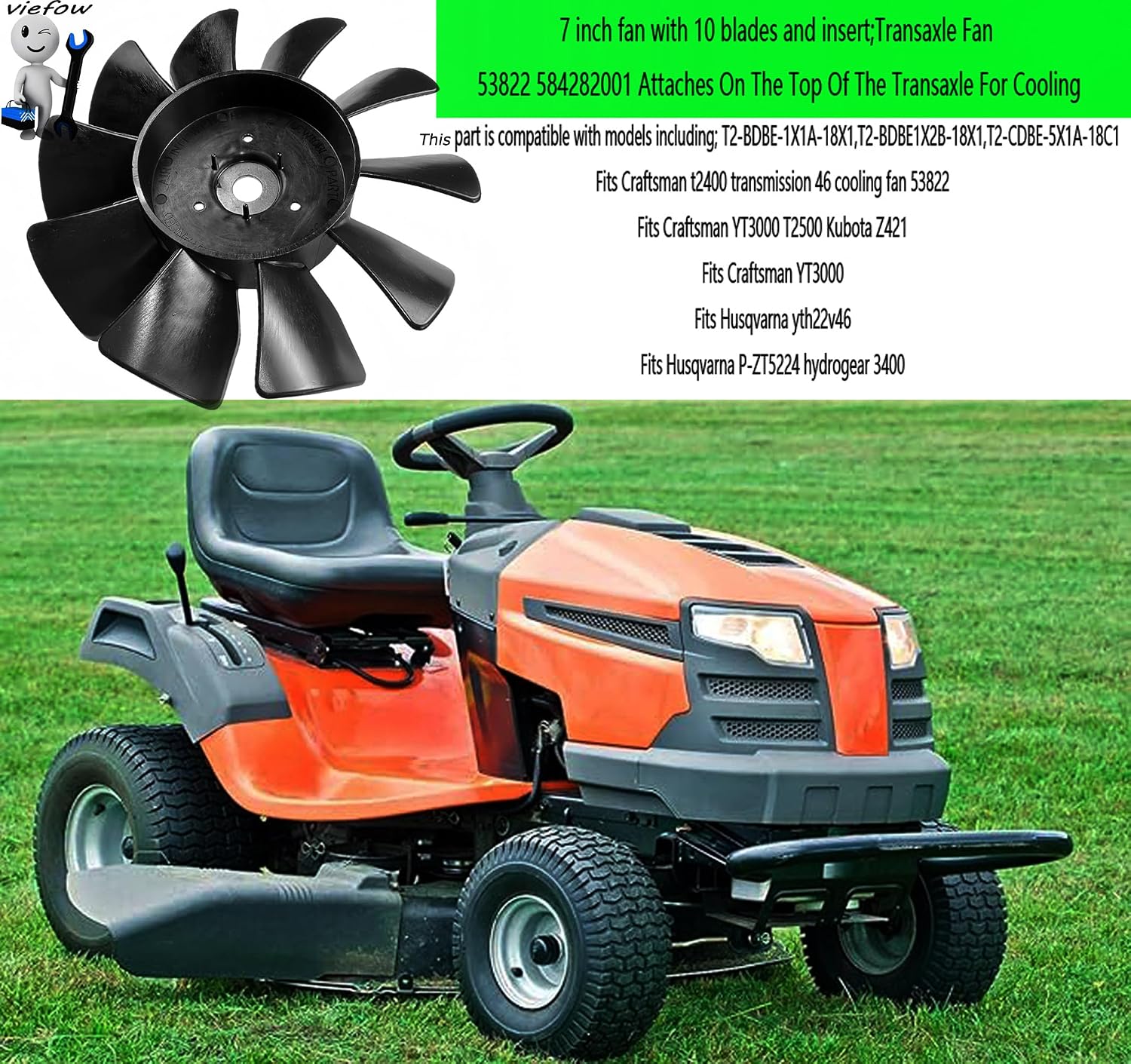 7" 10 𝐁𝐥𝐚𝐝𝐞 𝐓𝐫𝐚𝐧𝐬𝐦𝐢𝐬𝐬𝐢𝐨𝐧 𝐅𝐚𝐧 53822 Replaces Husqvarna Craftsman Tractor Hydro Gear 584282001 Transaxle Cooling Fan 52747 Lawn Tractor Transaxle Fan