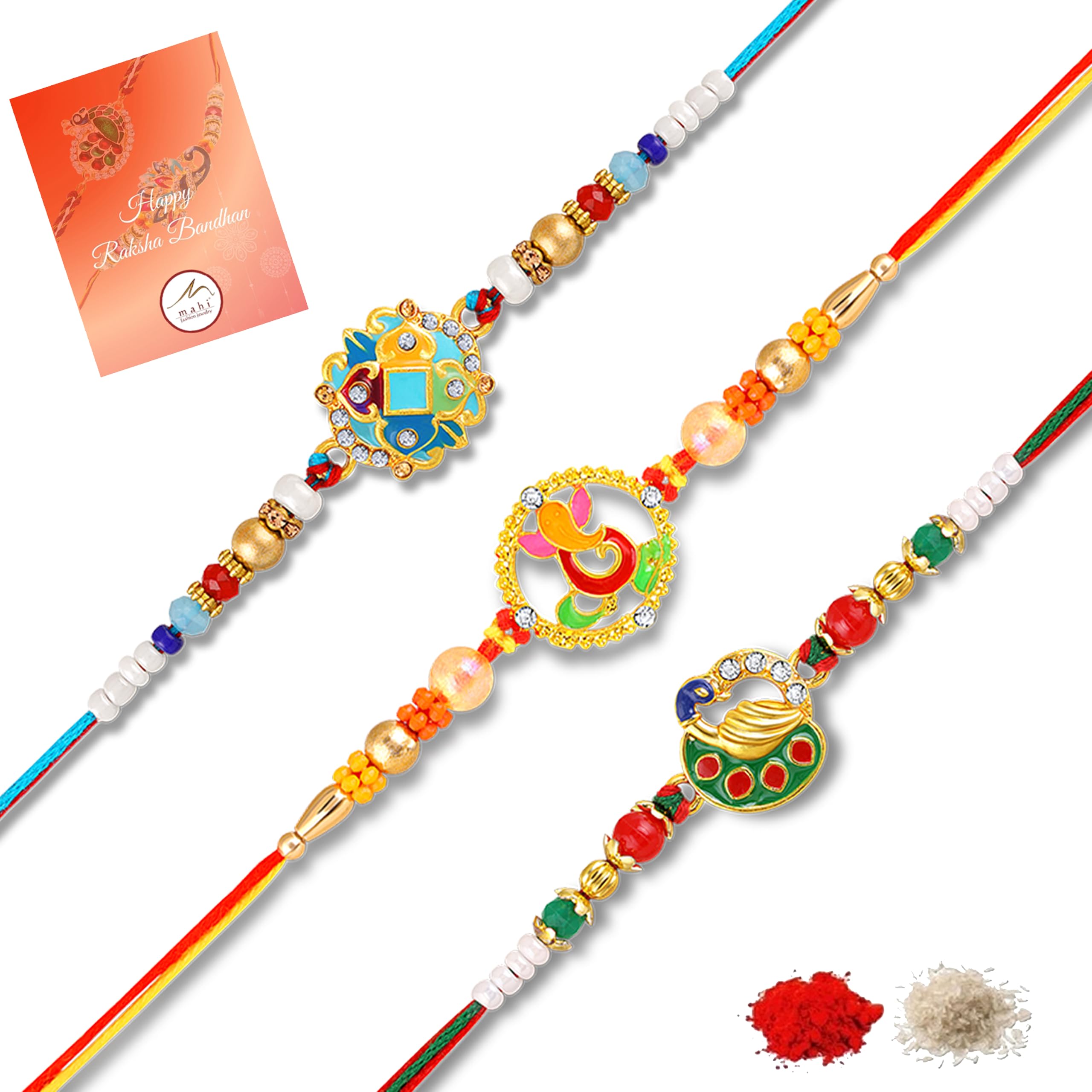 Designer Combo of 3 Ganesh, Peacock and Ethnic Rakhi for Brother (RCO1106013G)-image-31