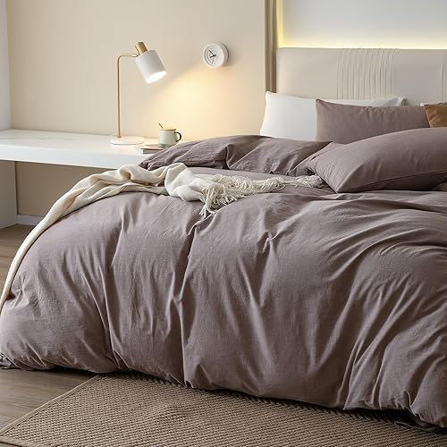 Miniatura 6 de JIYUAN - Juego de funda de duvet de 100% algodón lavado, 3 piezas (1 funda de duvet + 2 fundas de almohada), estilo simple, suave y cómodo