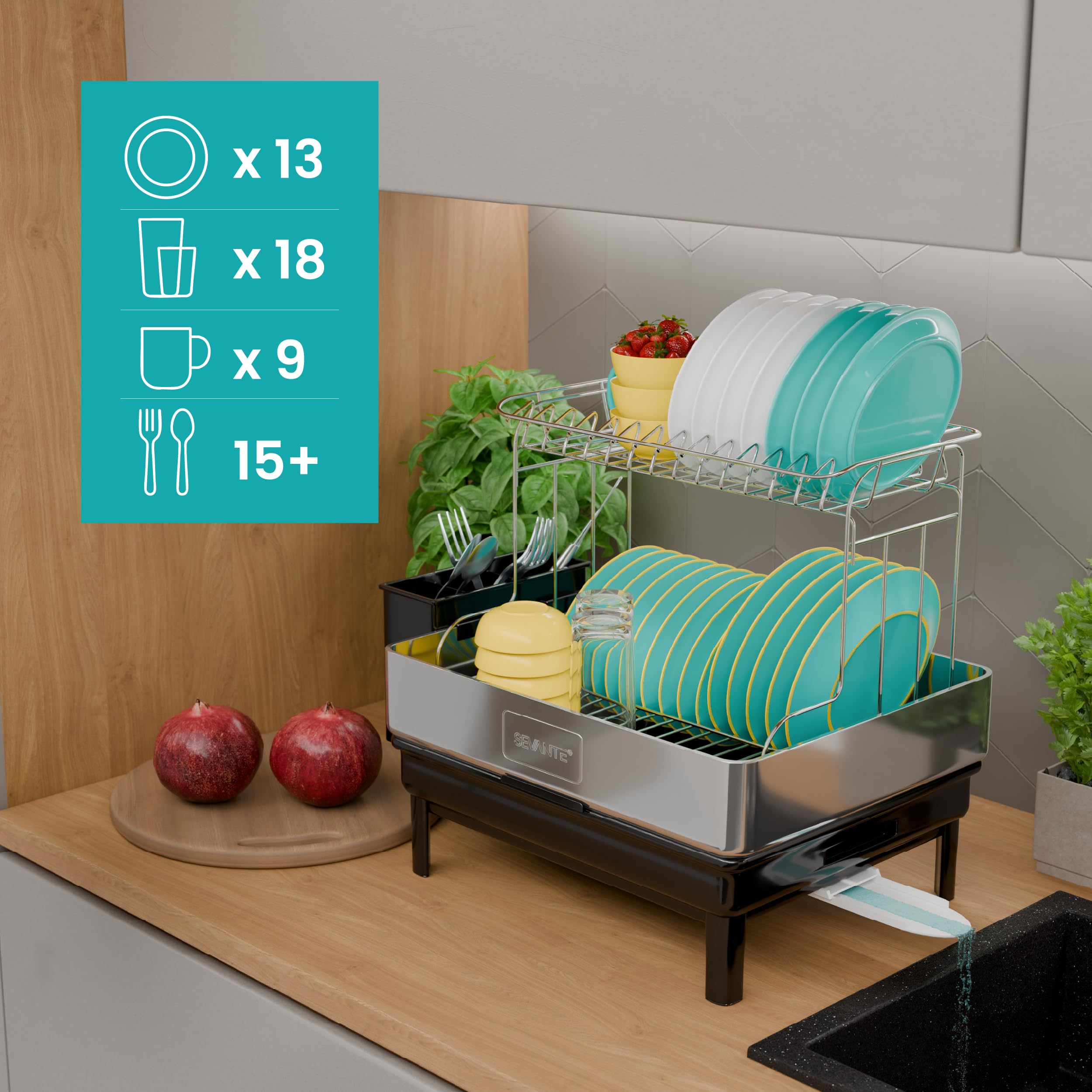 Abtropfgestell Geschirr Edelstahl Schwarz 48,5x32x38,5 cm - Geschirrabtropfgestell Kitchen - Geschirrständer - Moderne Abtropfgestell - Dish Drainer