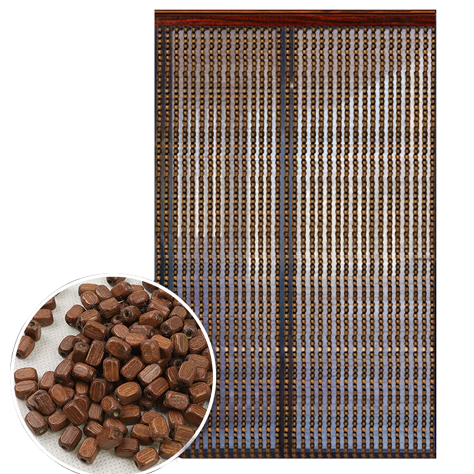 Rideau de porte en perles de bois marron avec pompons pour séparation de pièce