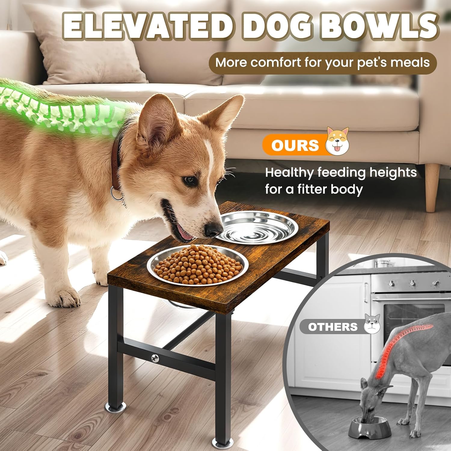 Elevated Dog Bowls, 3 Height Adjustable Raised Dog Water Food Bowl Wooden Metal Stand, 42OZ-Stainless Steel Bowls for Medium Small Dogs