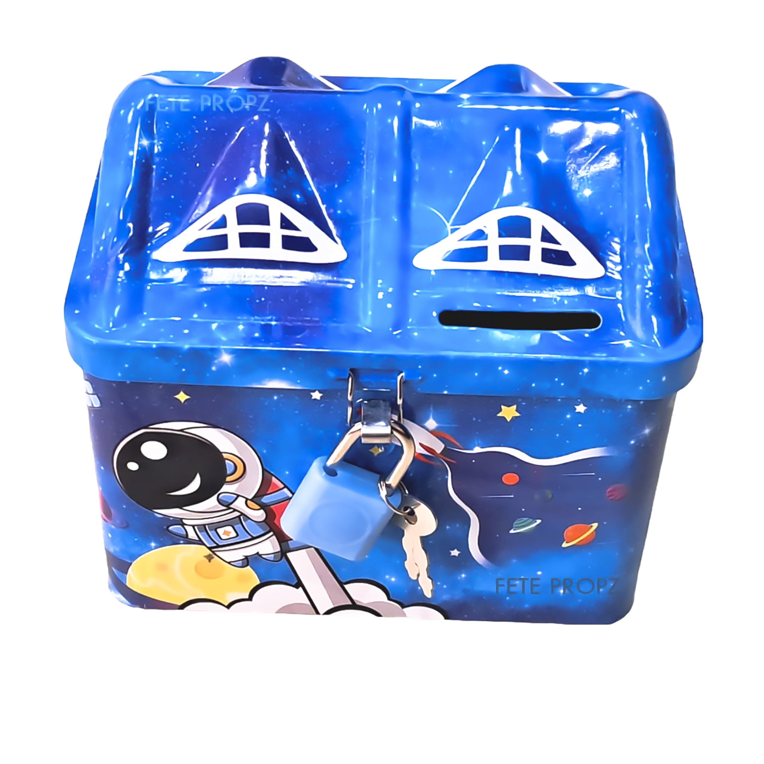 FETE PROPZ Piggy Bank for Kids |Space Money Saving Tin Coin Bank with Lock and Key – Birthday Return for Boys & Girls, Money Bank, Coin Box for Kids, Metal Coin Box for Kids (Space) (B0D1VCH72L) Amazon Price History, Amazon Price Tracker