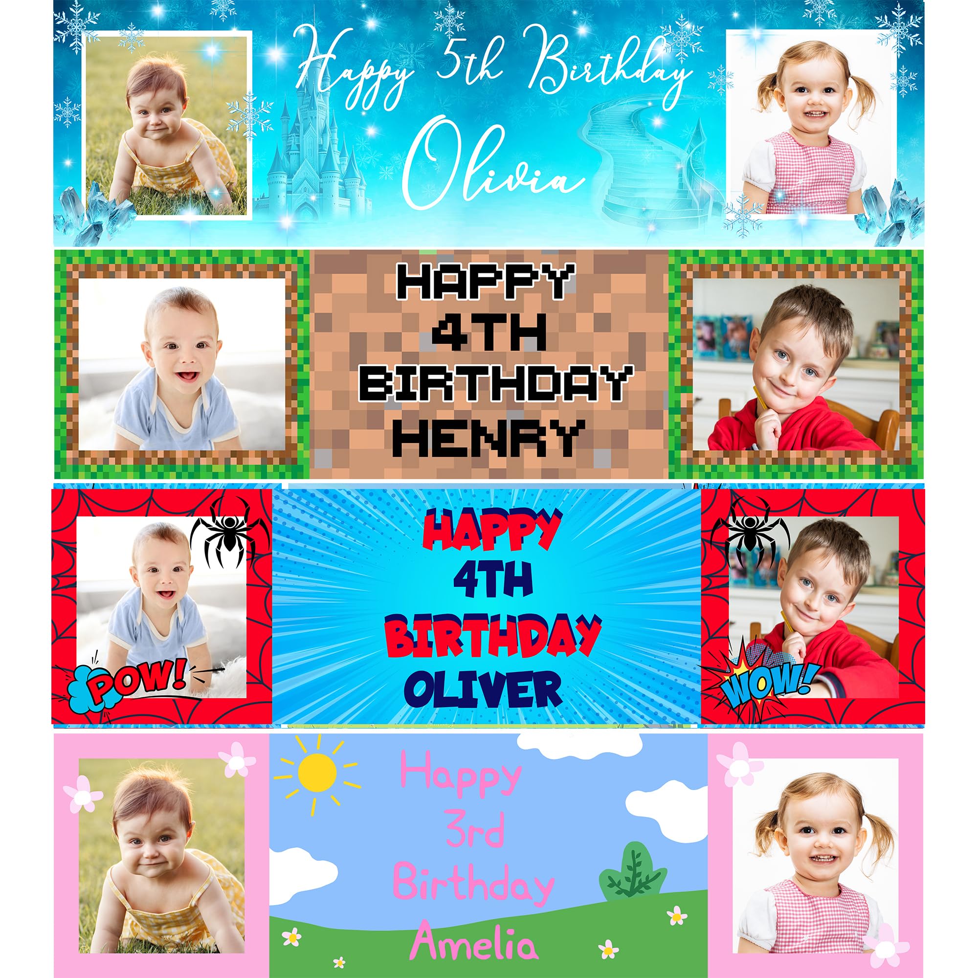 Personalised Party Banner with Photos – Custom Decoration for Kids – 140 x 35 cm Happy Birthday Sign for Girls and Boys - Spider
